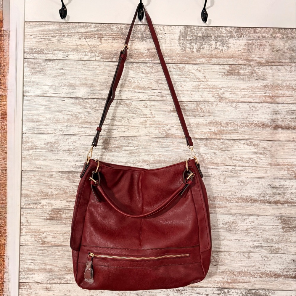 Urban Expressions Burgundy Vegan Leather Hobo Bag Gold Hardware Crossbody
